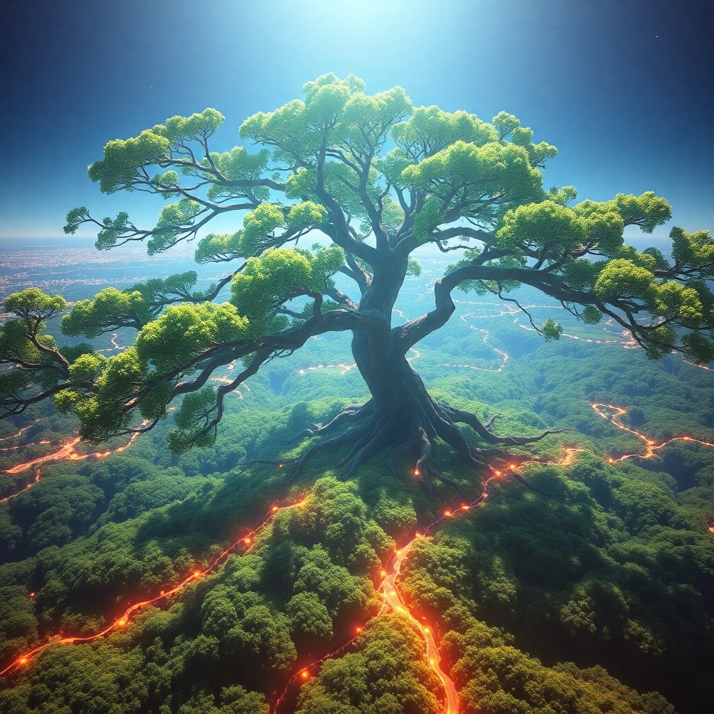 AI generated art for prompt: A surreal digital artwork resembling ryo-creates' unique vision showcases an immense tree with spraw