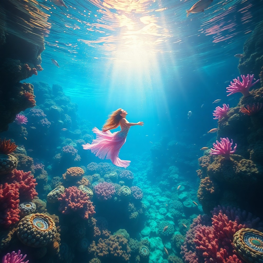 AI generated art for prompt: Envision a captivating digital artwork showcasing an enchanting underwater world, where a mystical s