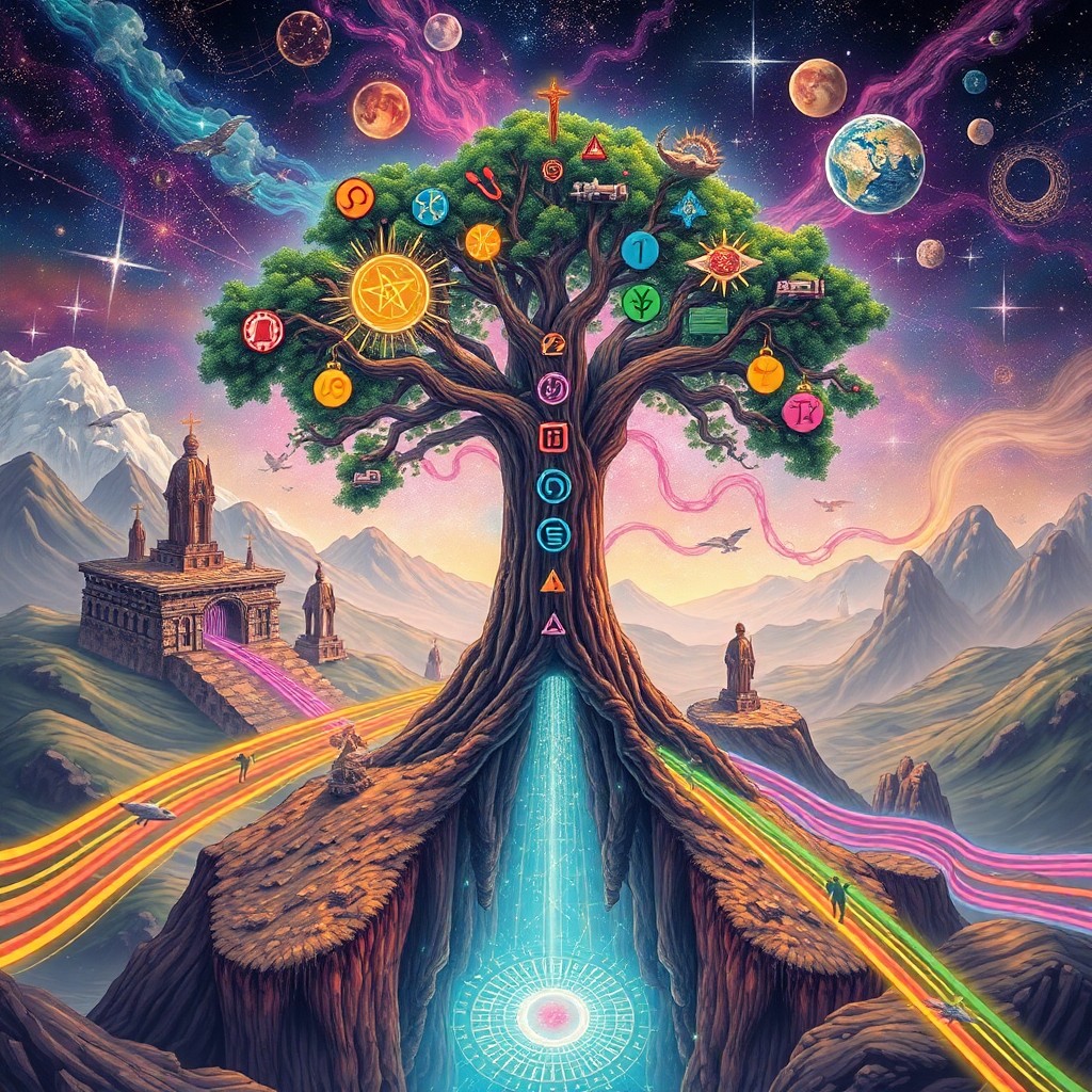 AI generated art for prompt: A psychedelic illustration depicting a cosmic landscape where an ancient tree stands at the nexus of