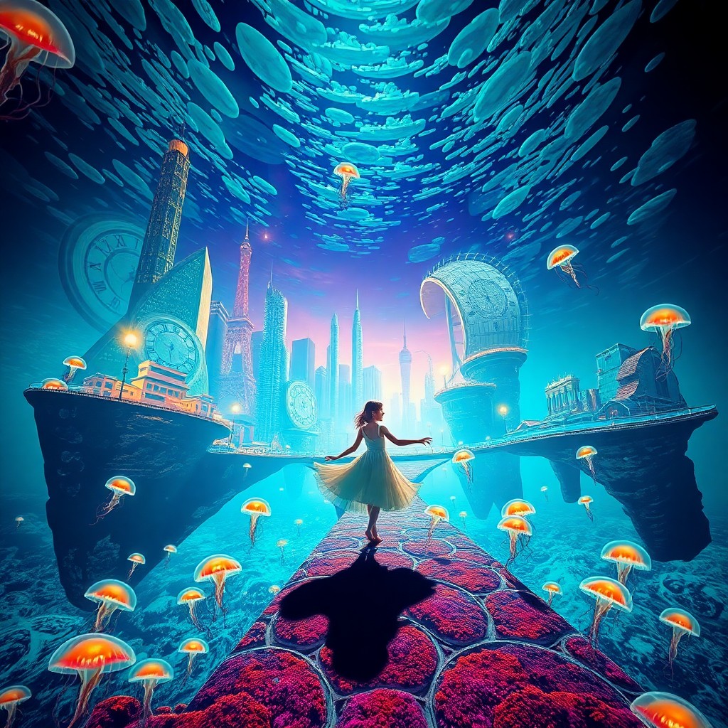 AI generated art for prompt: Visualize an enchanting underwater cityscape, evoking the dreamlike essence and vibrant hues reminis