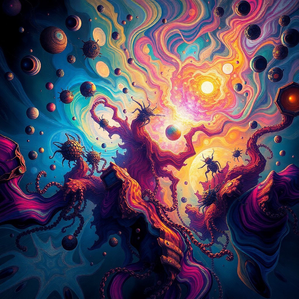 AI generated art for prompt: Imagine an abstract digital artwork blending intricate worlds with vibrant colors and fluid forms. F