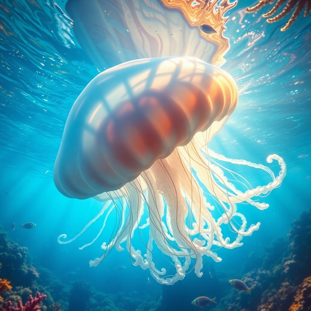 AI generated art for prompt: Imagine a surreal underwater scene where a colossal, translucent creature, reminiscent of a jellyfis