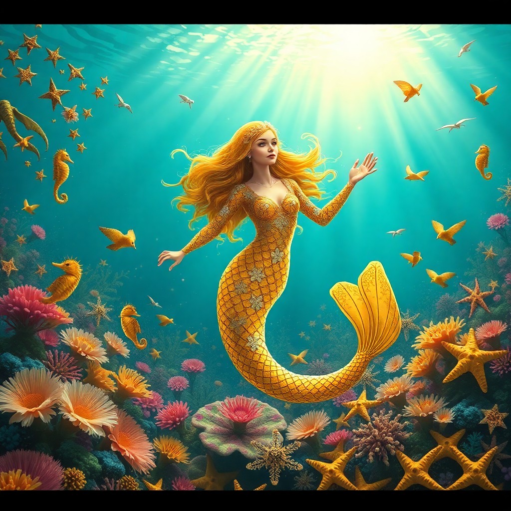 AI generated art for prompt: Craft an image in the golden Renaissance-inspired style, depicting a captivating underwater realm wh