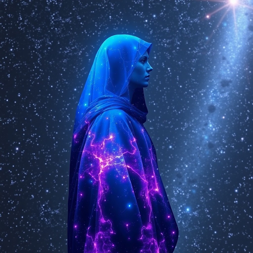 AI generated art for prompt: A figure draped in mesmerizing hues of blue and purple cosmic energy stands at the precipice of an e