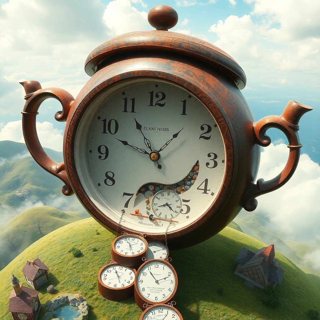 AI generated art for prompt: A surreal amalgamation of a whimsical timepiece shaped like an oversized tea pot, its clock hands tw