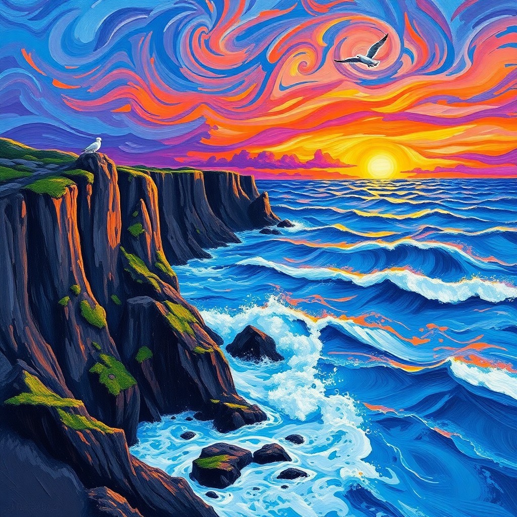 AI generated art for prompt: Imagine an enchanting seascape at sunset, with swirling brushstrokes and a vibrant color palette rem