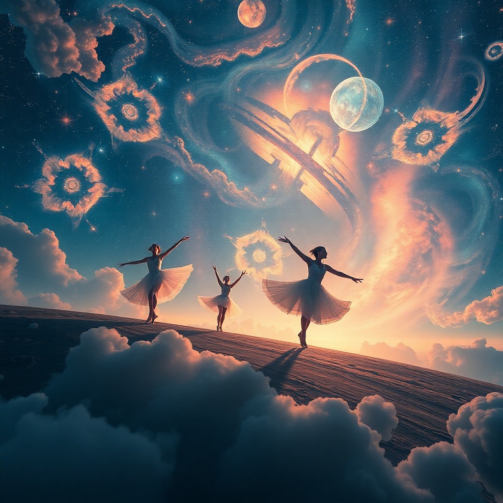 AI generated art for prompt: Imagine an awe-inspiring digital artwork that embodies the surreal essence of celestial ballet, evok