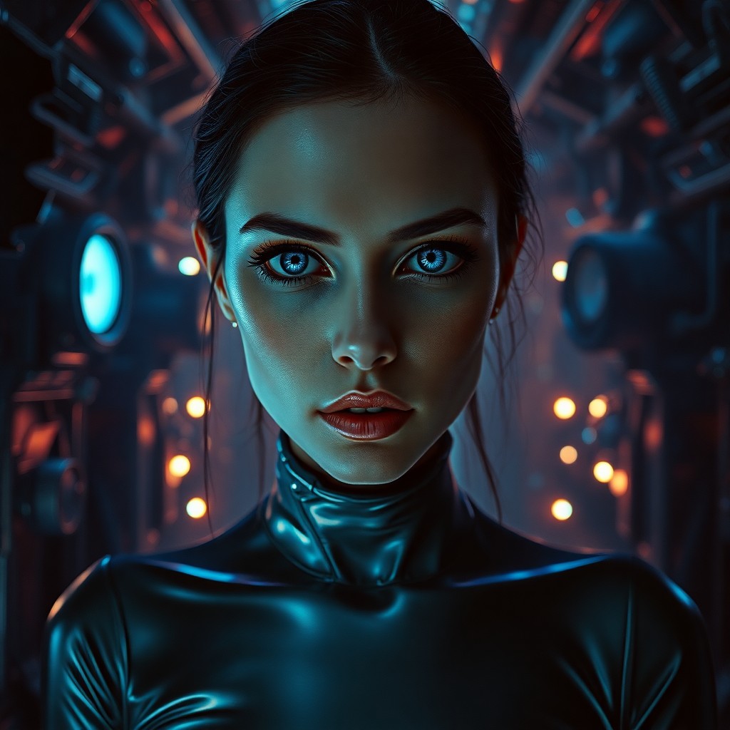 AI generated art for prompt: A portrait of an enigmatic woman with captivating purple eyes, reminiscent of H.R. Giger's style, si