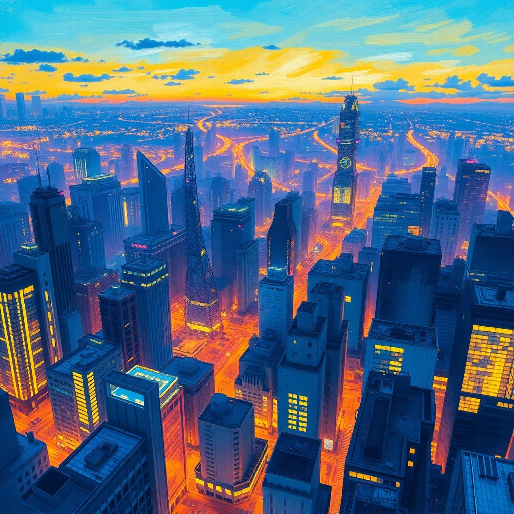 AI generated art for prompt: Imagine a futuristic cityscape aglow with neon lights at dusk, blending cyberpunk aesthetics with im