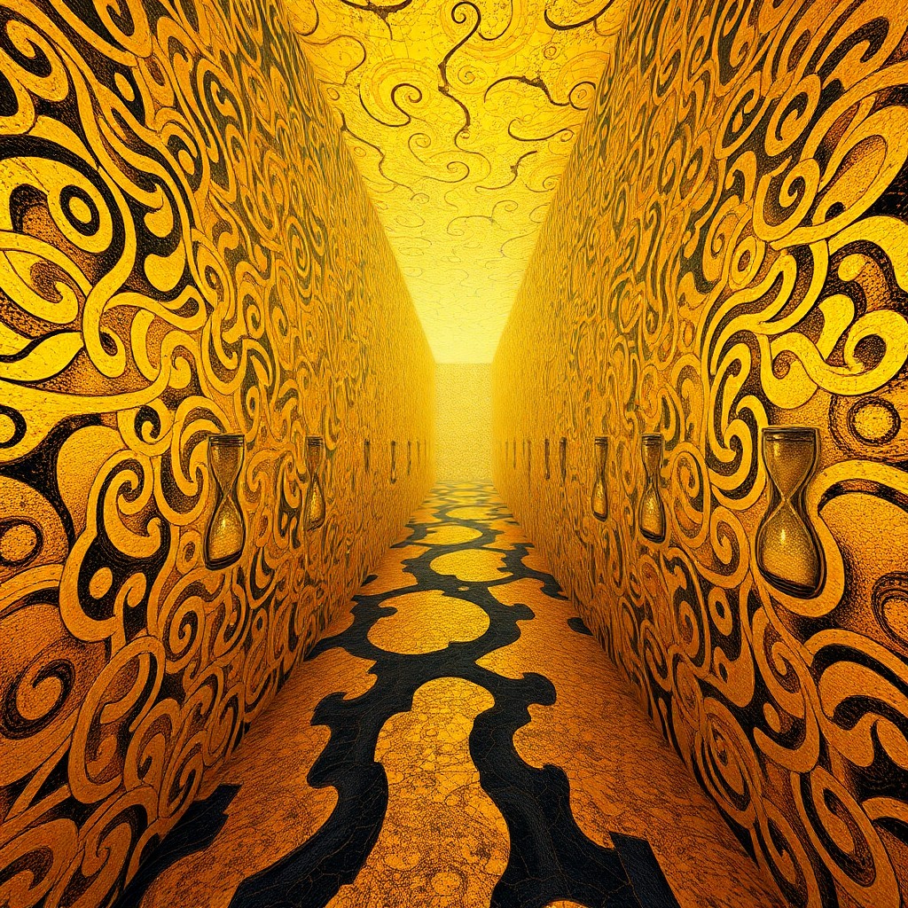 AI generated art for prompt: A surreal landscape featuring an intricate maze with walls composed of interlocking golden patterns 