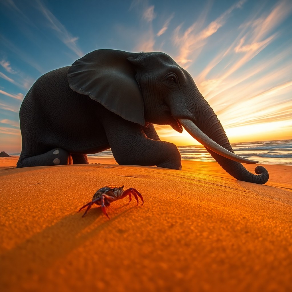 AI generated art for prompt: Imagine a surreal, dreamlike portrait depicting a majestic elephant resting on a beach at sunset. Th