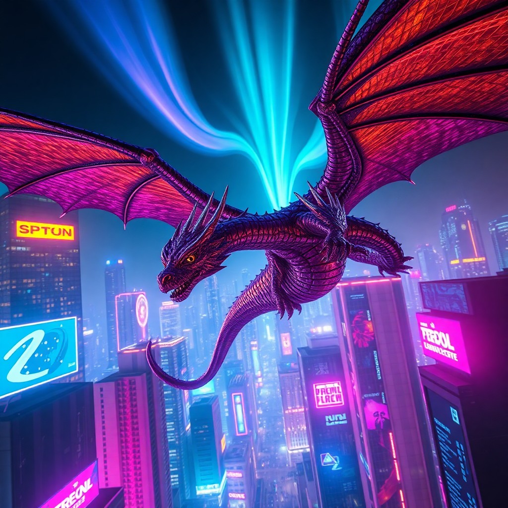 AI generated art for prompt: A surreal digital artwork depicting an awe-inspiring dragon gracefully soaring over a vibrant cyberp