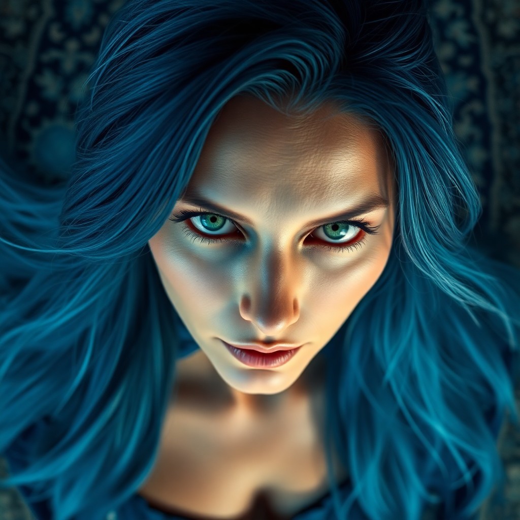 AI generated art for prompt: A detailed digital portrait captures an enigmatic woman in her forties with long flowing indigo hair