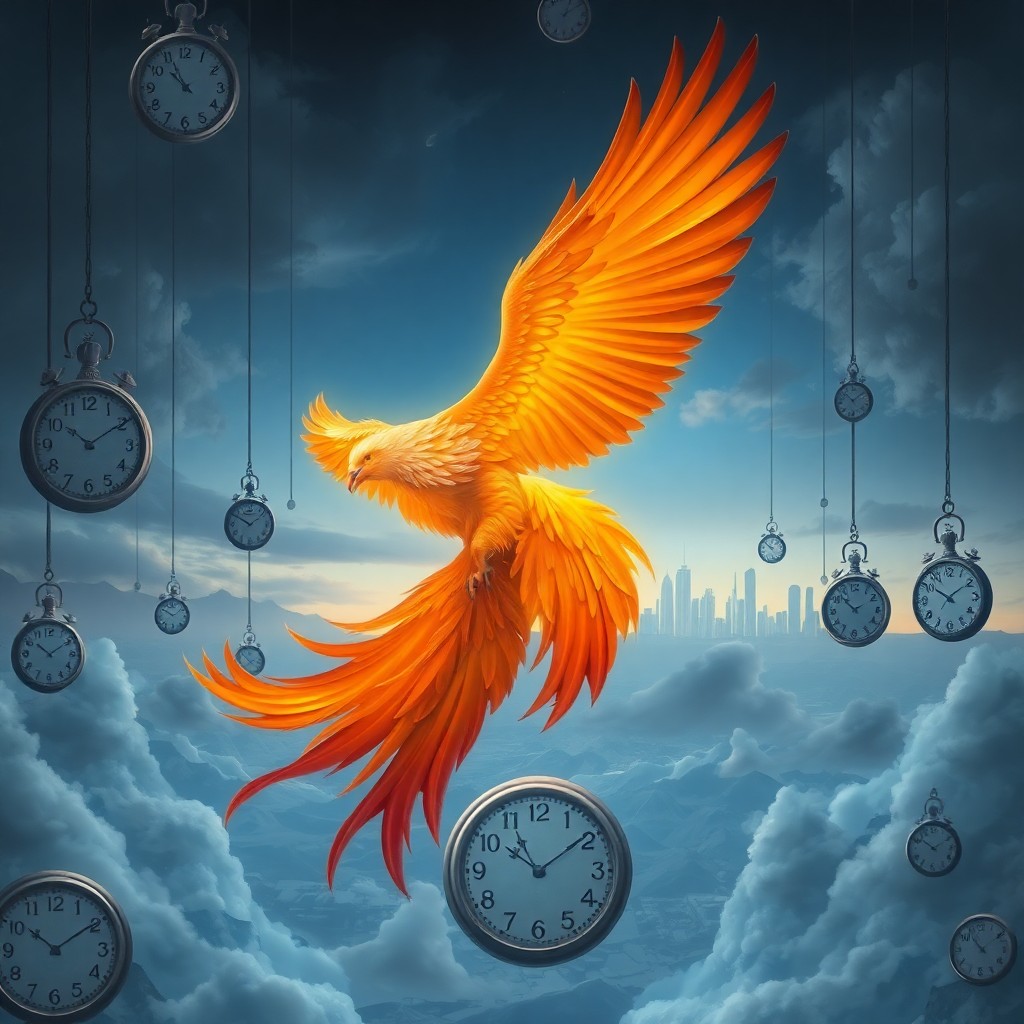 AI generated art for prompt: A digital artwork captures an ethereal scene where a grandiose phoenix ascends from a dreamlike land