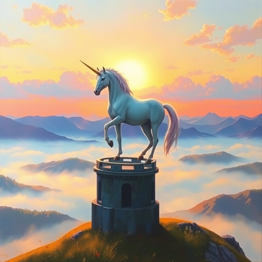 AI generated art for prompt: A surreal oil painting captures a dreamlike landscape where a majestic unicorn stands atop an ethere