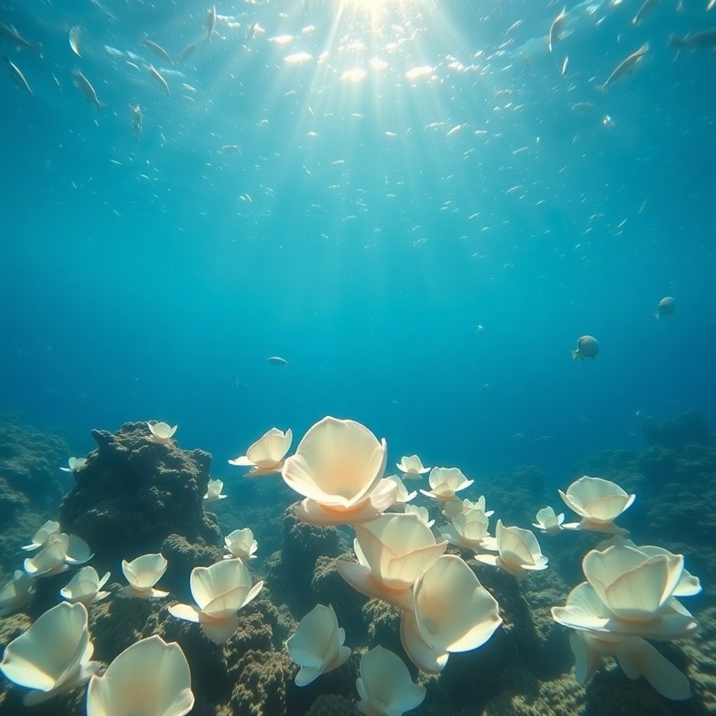 AI generated art for prompt: Imagine an enchanting underwater world where delicate seashells resembling blossoming flowers are gr