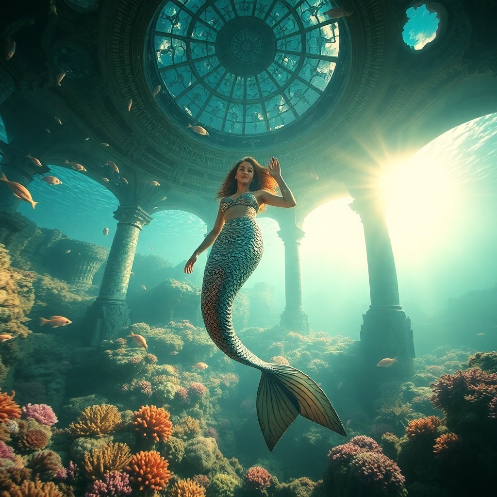 AI generated art for prompt: A surreal underwater realm, evoking the whimsical essence of dreamscapes, depicts a majestic mermaid