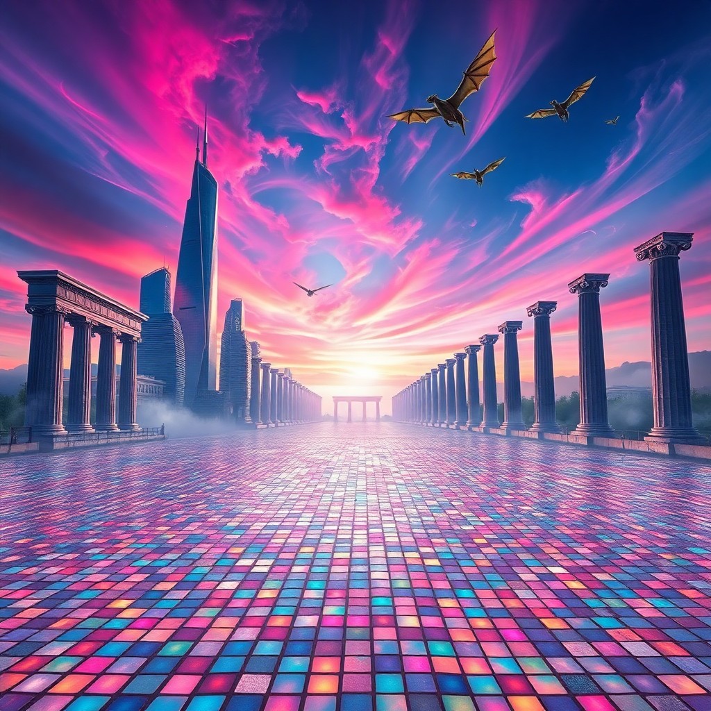 AI generated art for prompt: A dreamlike landscape emerges from an aerial view, merging futuristic elements with ancient mytholog