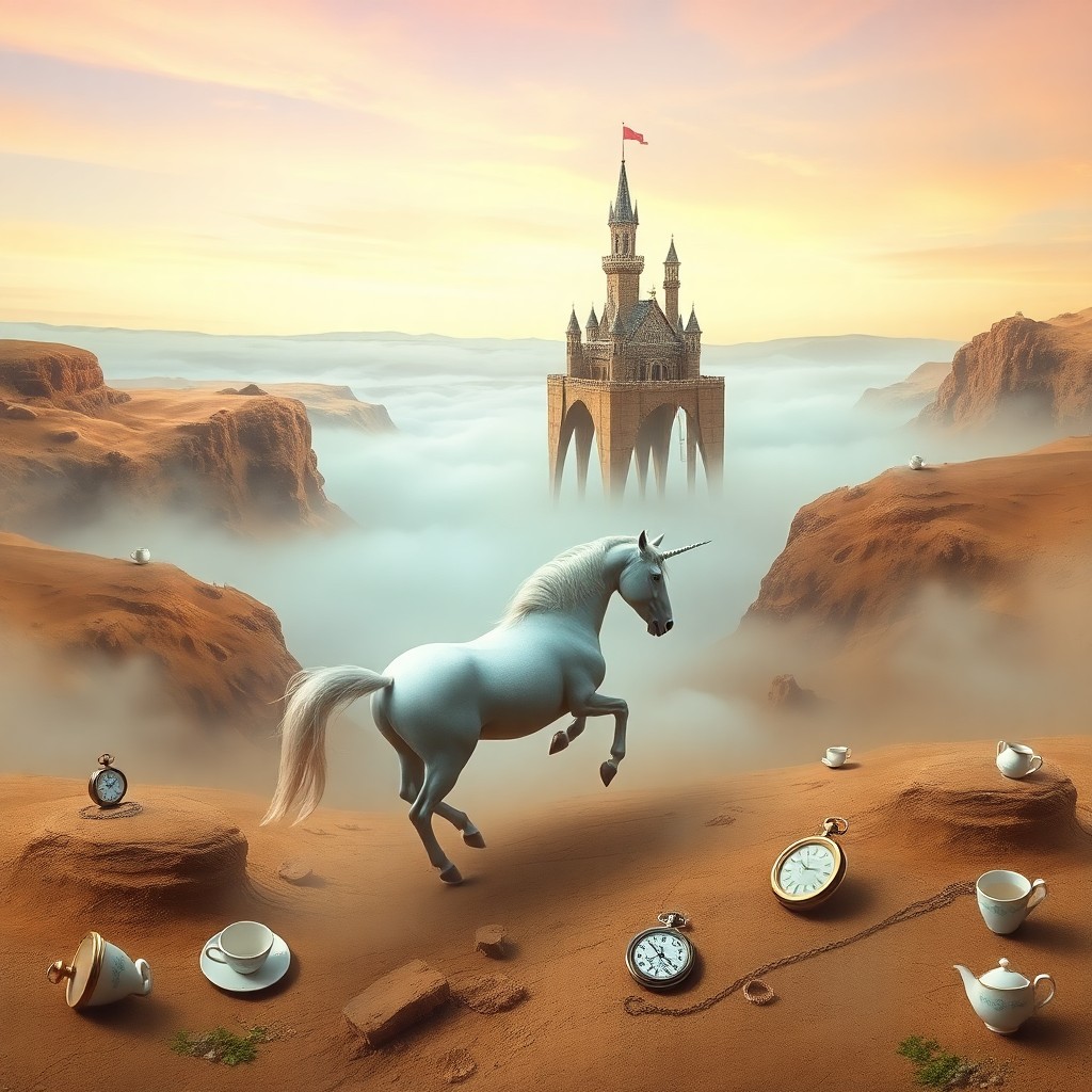 AI generated art for prompt: A surreal landscape depicting a majestic unicorn gracefully galloping through a misty valley towards