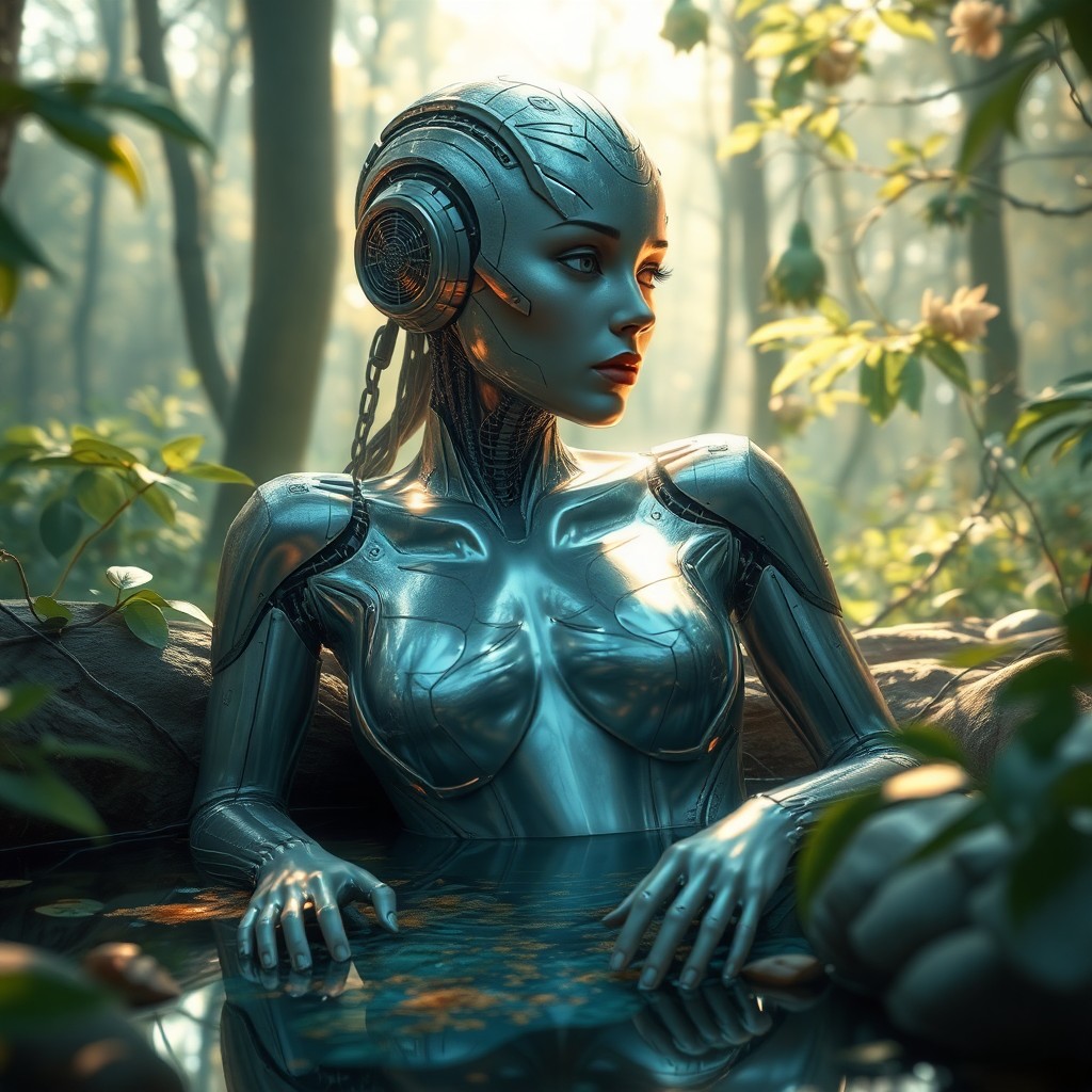 AI generated art for prompt: Craft an evocative digital artwork portraying an enigmatic female cyborg bathed in soft, glowing ton