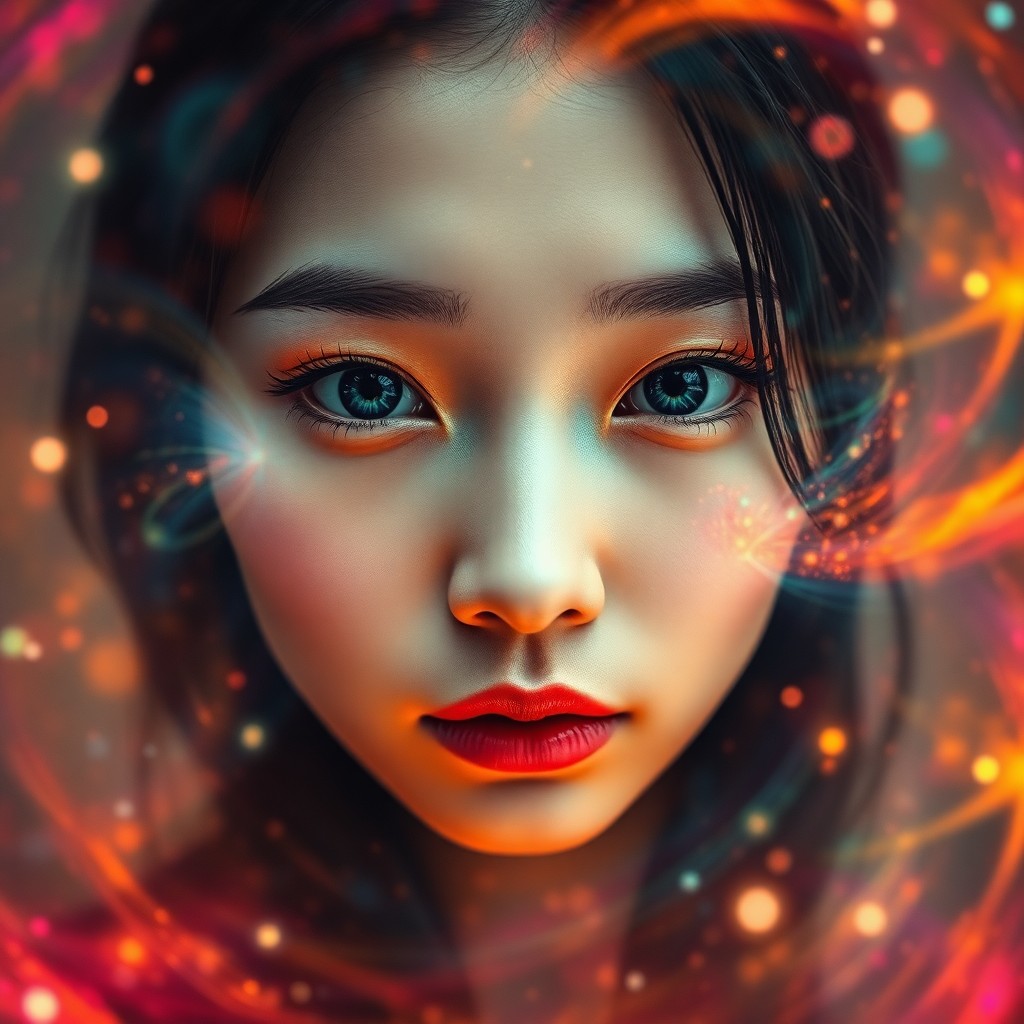 AI generated art for prompt: An enigmatic Korean woman is captured in an ethereal portrait, surrounded by a mesmerizing cosmic en