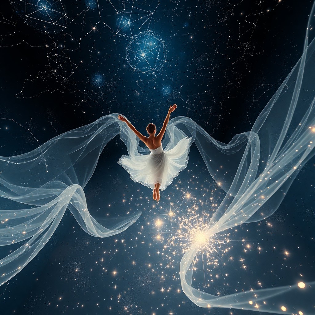 AI generated art for prompt: A mesmerizing digital artwork depicts an ethereal celestial dancer pirouetting gracefully through a 