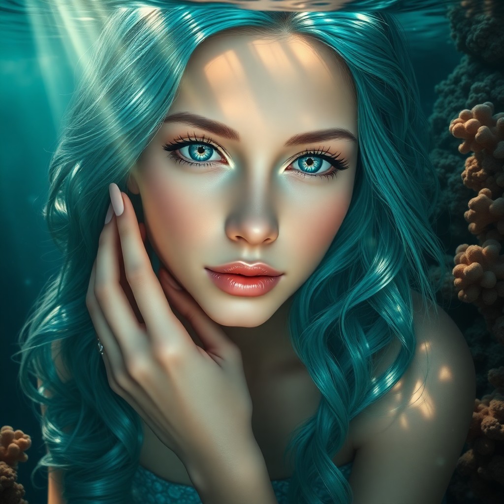 AI generated art for prompt: A mesmerizing digital art portrait depicts an alluring mermaid with shimmering teal hair and spellbi