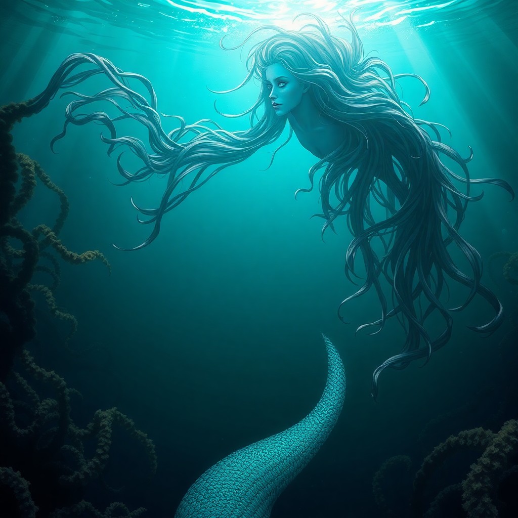 AI generated art for prompt: A captivating digital artwork portrays an enchanting underwater realm with a cryptic mermaid figure,