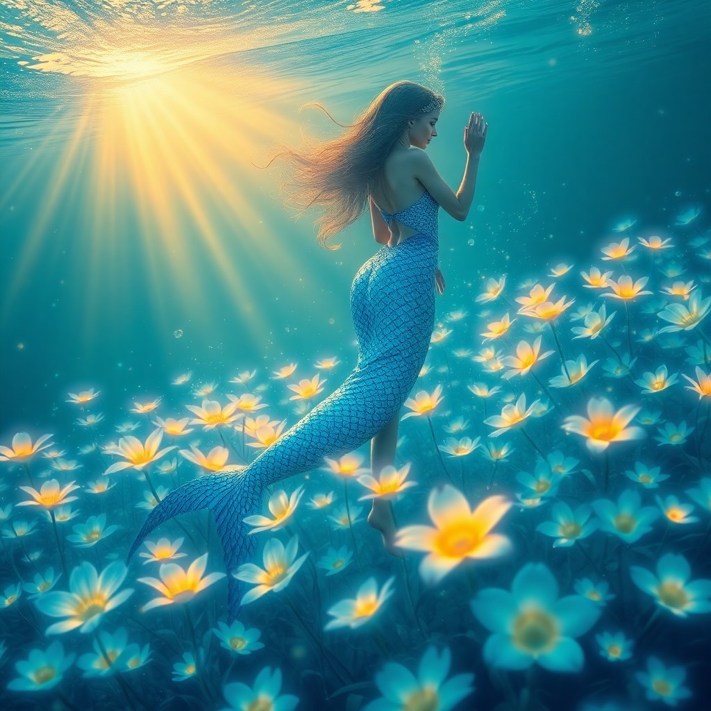 AI generated art for prompt: A mesmerizing digital artwork showcases an ethereal mermaid princess with scales that glisten in dee