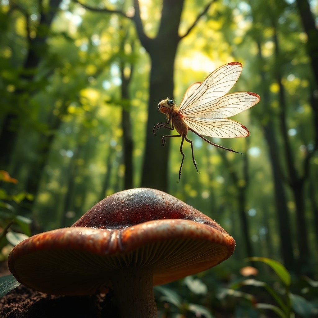 AI generated art for prompt: Imagine an enchanting forest scene where a whimsical woodland creature with dragonfly-like features 