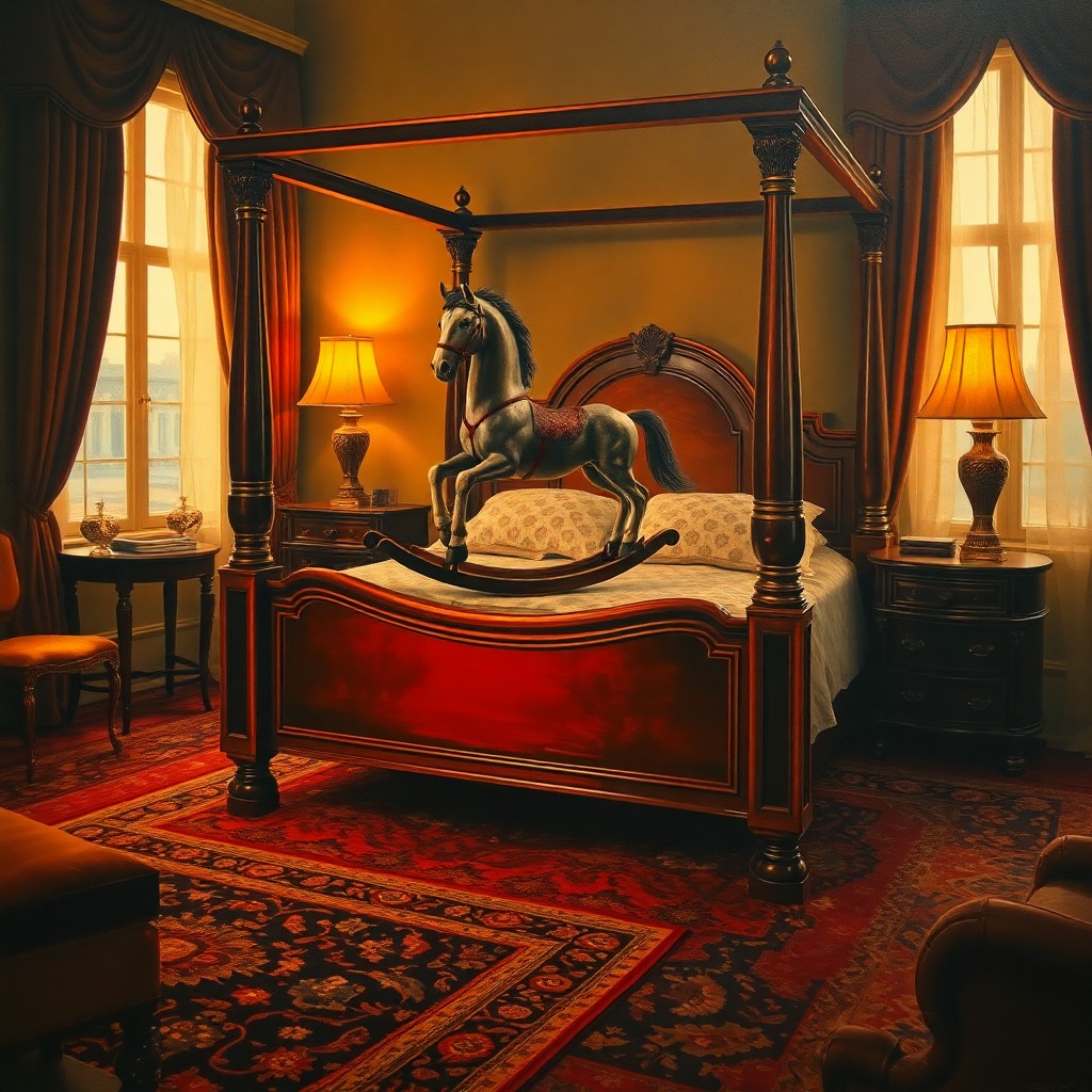 AI generated art for prompt: A surreal oil painting captures an enigmatic scene in an opulent bedroom, reminiscent of Magritte's 