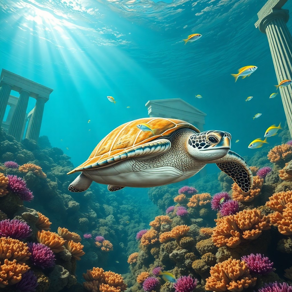 AI generated art for prompt: An imaginative digital artwork depicting an underwater scene where ancient Greek ruins intertwine wi