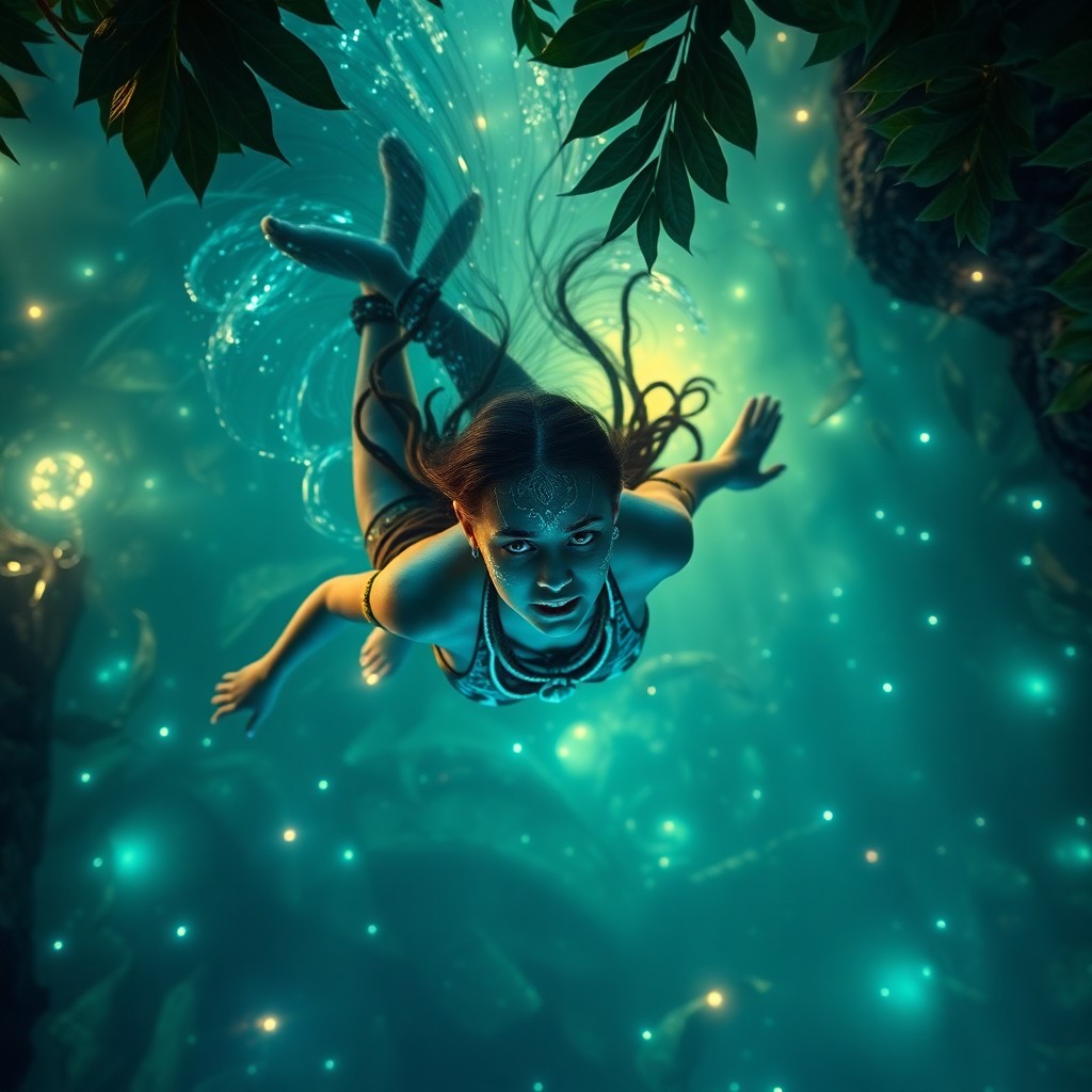 AI generated art for prompt: A young Na'vi warrior, in her mid-twenties, gracefully swims through an illuminated bioluminescent f