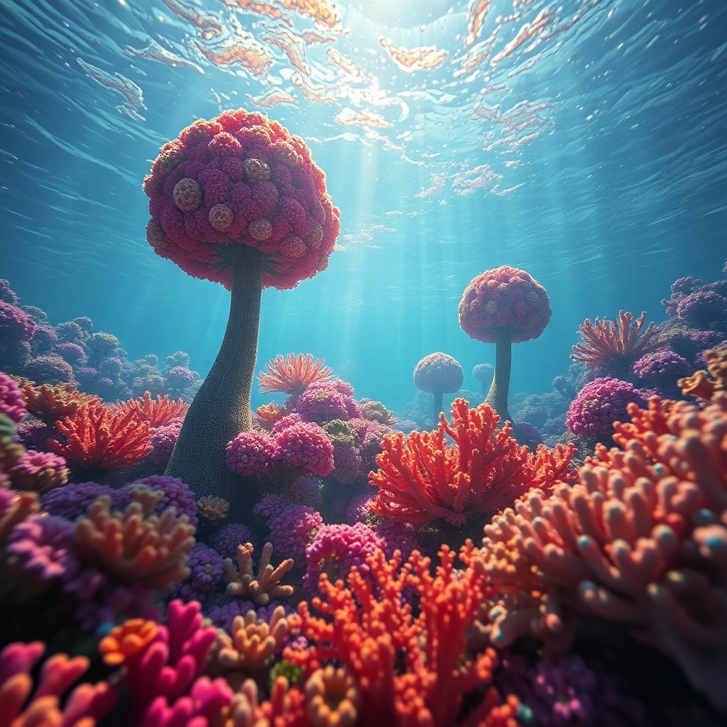 AI generated art for prompt: Envision an underwater realm teeming with rich, kaleidoscopic flora, where the natural world merges 