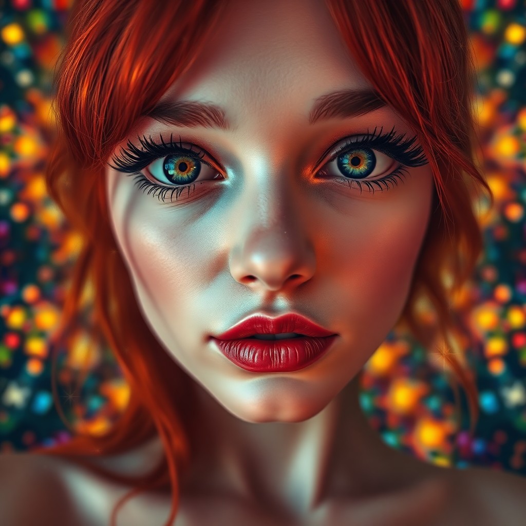 AI generated art for prompt: An intricately detailed close-up portrait captures a woman with fiery red hair cascading over her sh