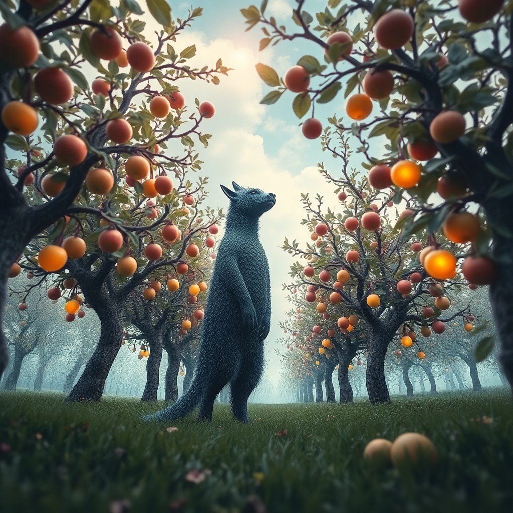 AI generated art for prompt: A surreal dreamlike landscape featuring an enigmatic creature standing amidst an orchard of fantasti