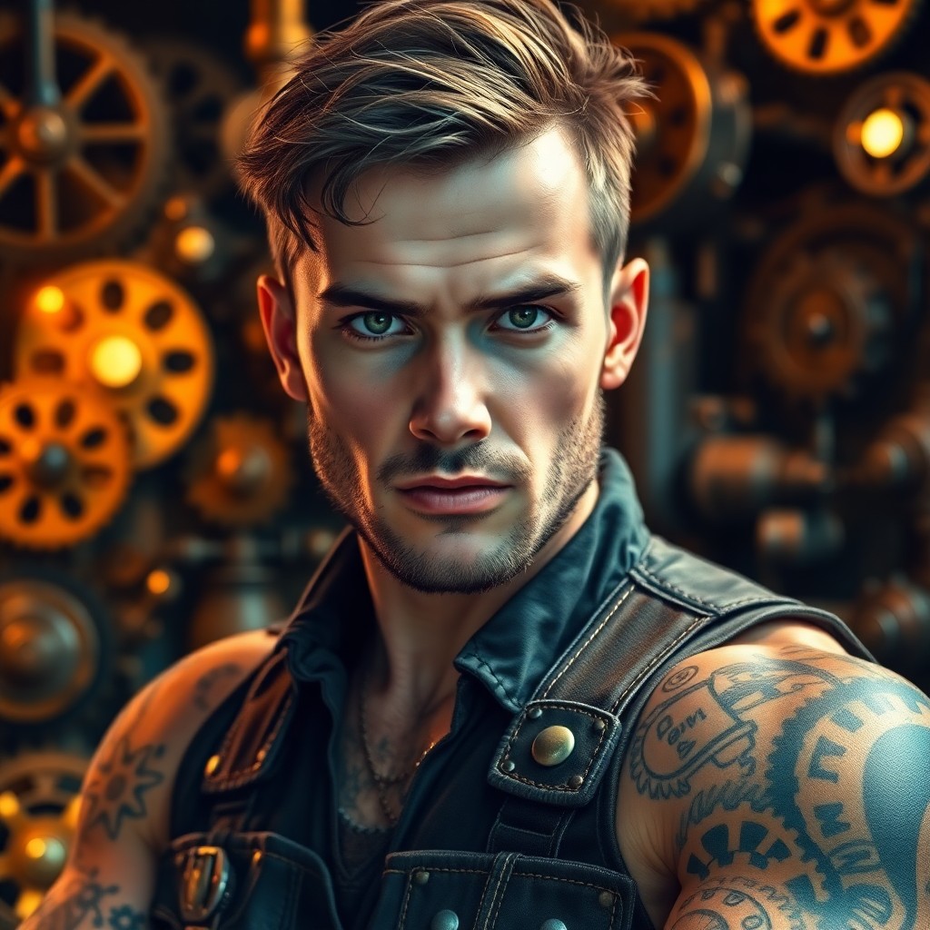 AI generated art for prompt: A portrait in steampunk style captures an airship mechanic with intricate brass gear tattoos adornin