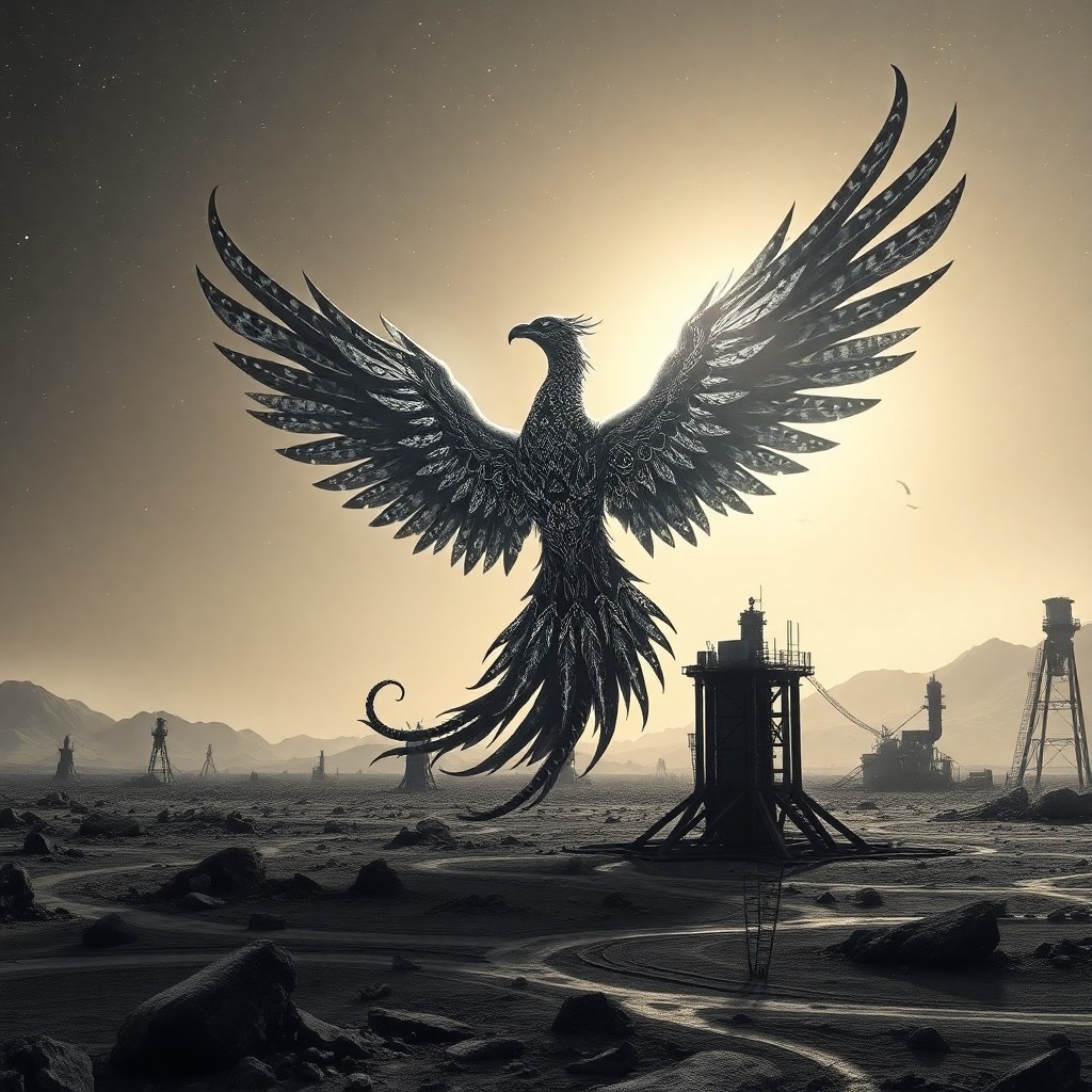 AI generated art for prompt: A captivating digital artwork portrays a regal phoenix emerging from a desolate terrain reminiscent 