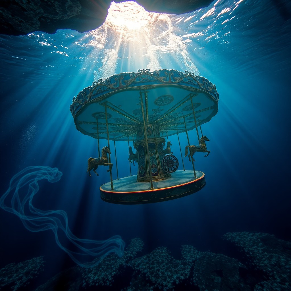 AI generated art for prompt: A surreal underwater scene features an enormous vintage carousel gracefully suspended amidst the dep