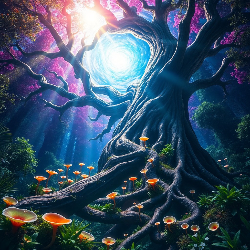 AI generated art for prompt: A surreal digital artwork depicts an awe-inspiring ancient tree with its branches spiraling towards 