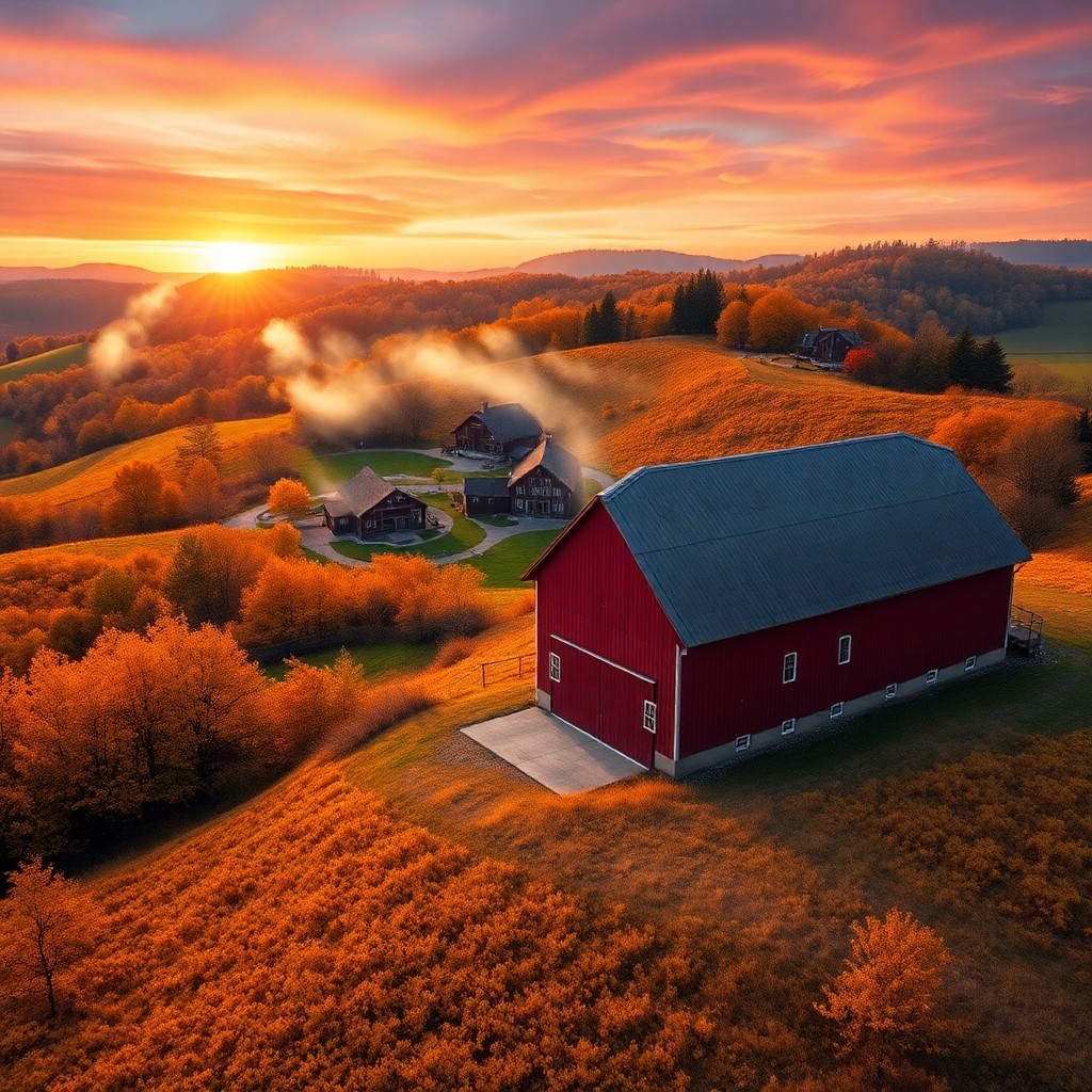 AI generated art for prompt: A bird's eye view showcases an idyllic autumnal scene with a striking crimson barn positioned at the