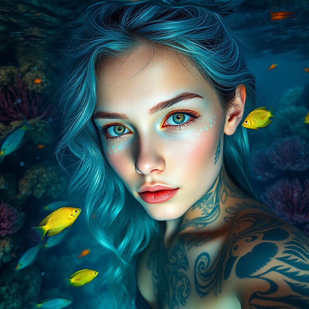 AI generated art for prompt: A photorealistic portrait from an underwater perspective, showcasing a young woman with shimmering a