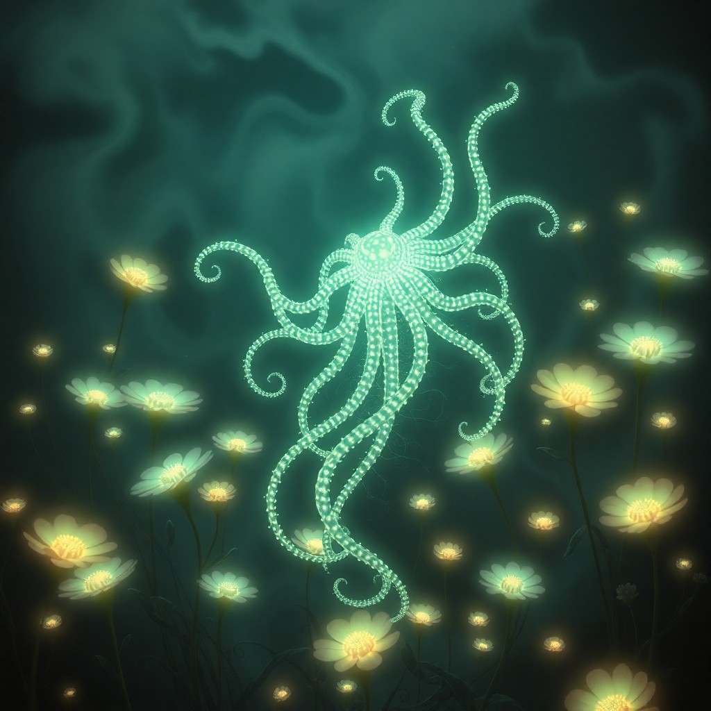 AI generated art for prompt: A serene yet enigmatic tableau unfolds, showcasing a celestial entity adorned with luminous tentacle