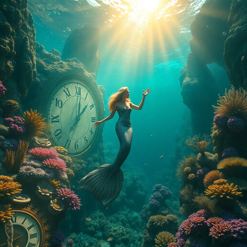 AI generated art for prompt: A mesmerizing digital artwork inspired by surrealism, showcasing an underwater realm where time appe