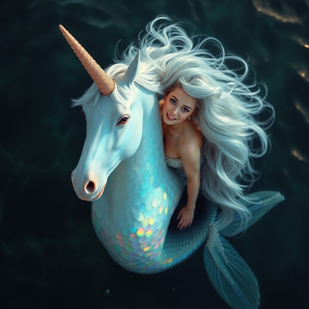 AI generated art for prompt: A captivating portrait depicting a graceful mermaid transformed into an elegant unicorn, evoking the