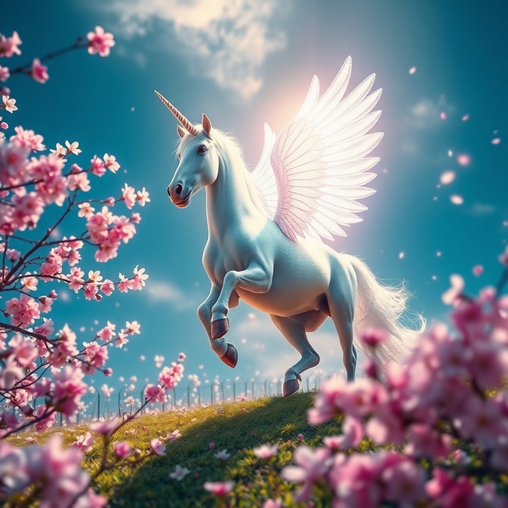 AI generated art for prompt: A mesmerizing digital artwork showcases an awe-inspiring unicorn with shimmering wings, elegantly tr