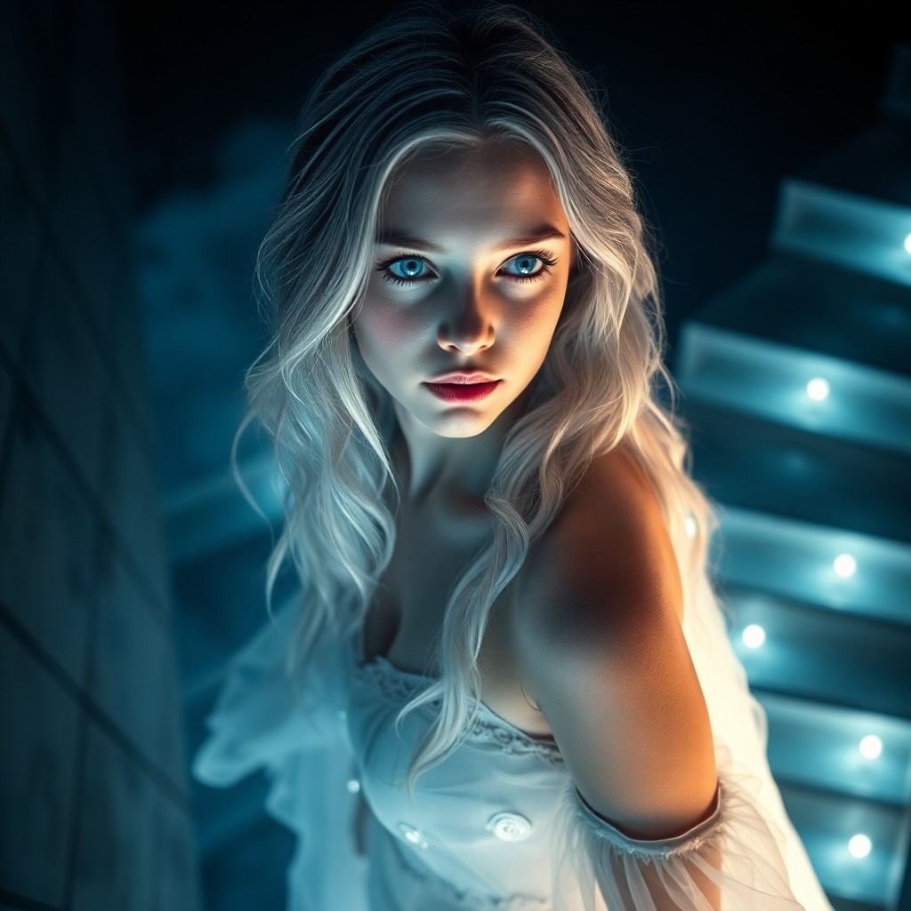 AI generated art for prompt: An ethereal portrait of a pensive young woman with silver cascading hair and striking blue eyes, dra