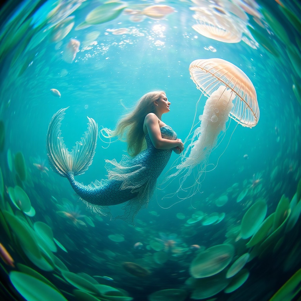 AI generated art for prompt: A dreamlike underwater scene captures a whimsical encounter between a graceful mermaid and her ether