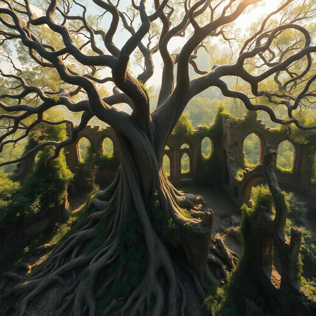 AI generated art for prompt: An image capturing a surreal dreamscape where an immense, ancient tree with twisted branches soars t