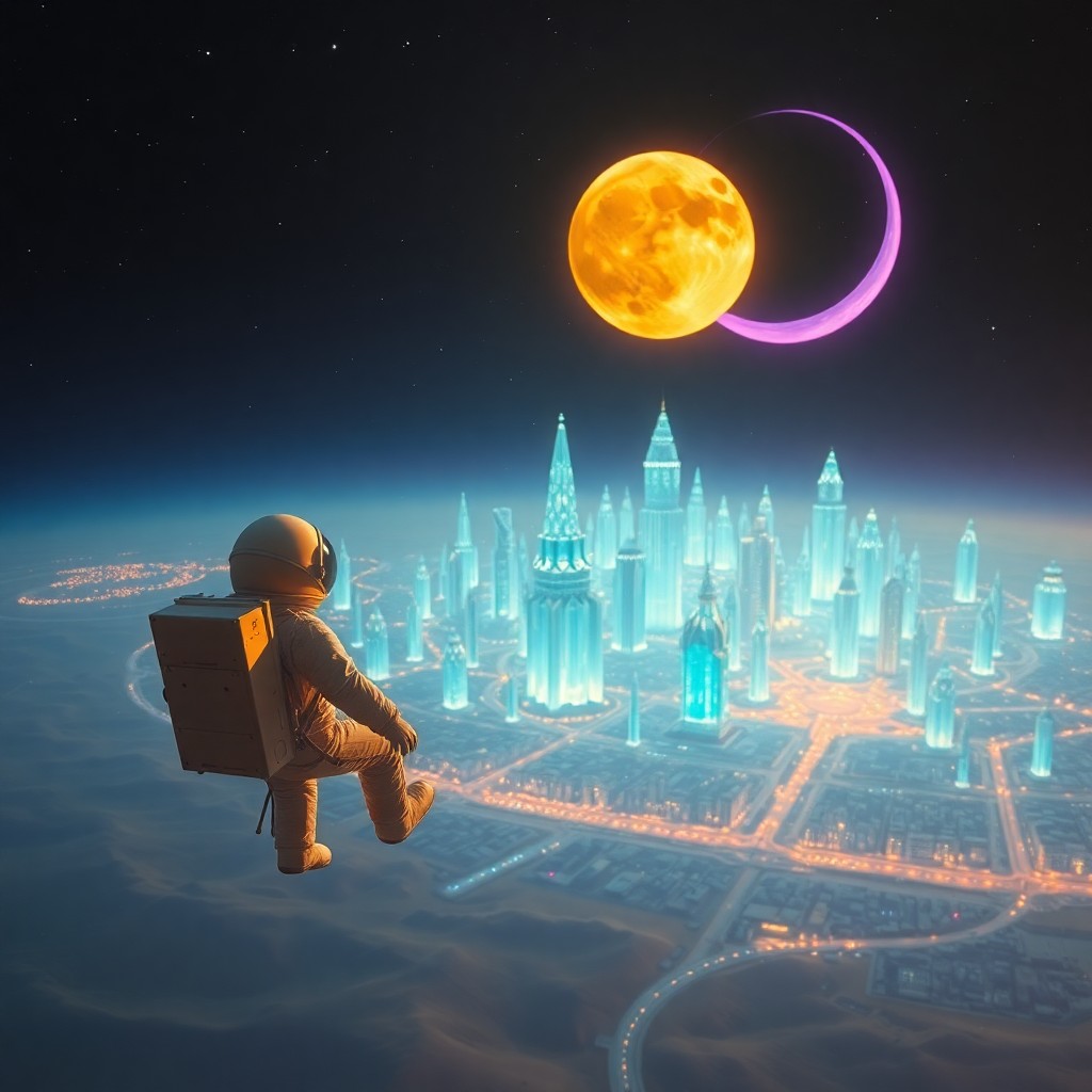 AI generated art for prompt: An astronaut floats in the cosmic void, gazing at an ethereal cityscape constructed from luminescent